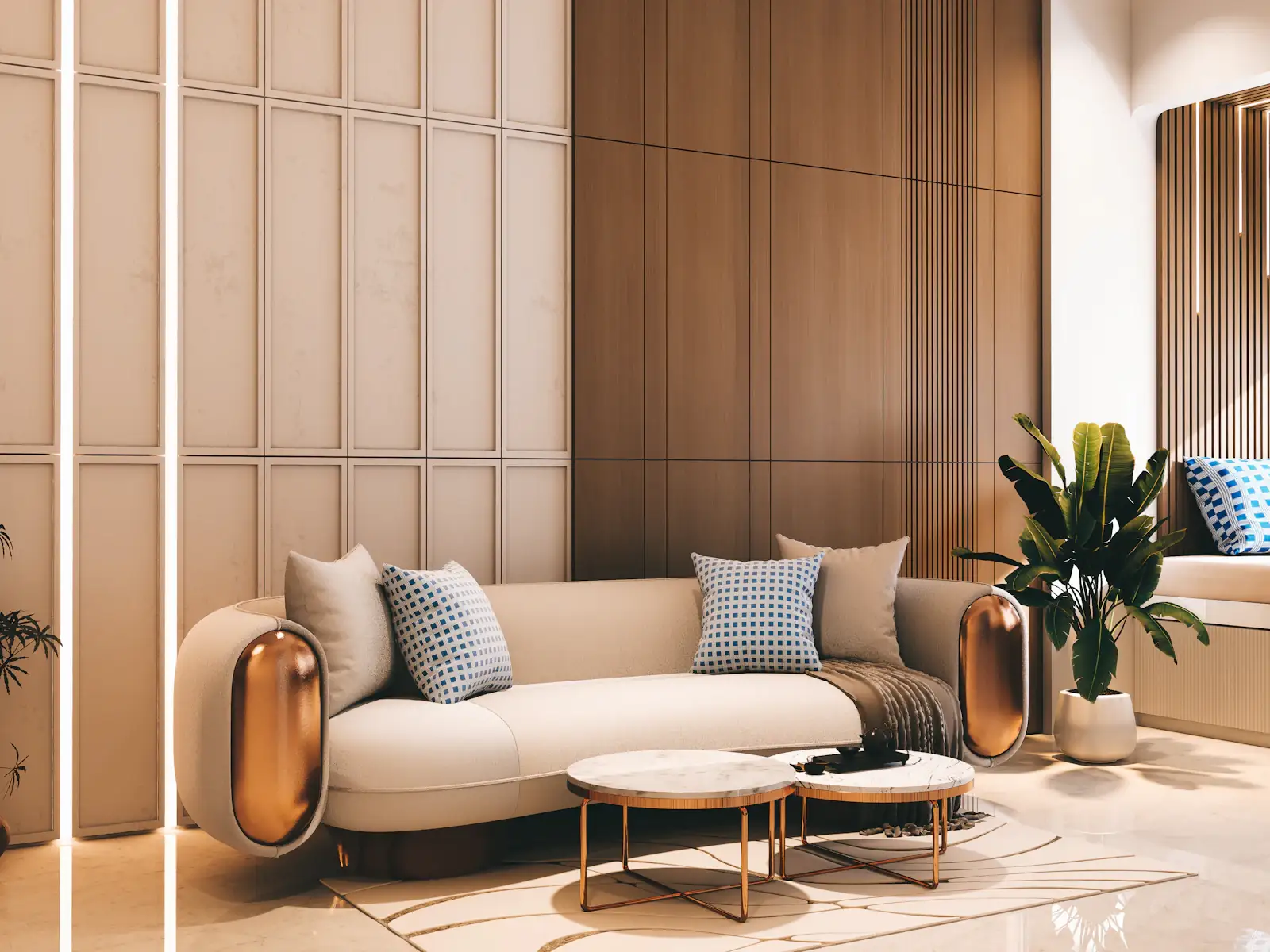 Warm, modern interior with a cream curved sofa, wood panelling and a marble coffee table